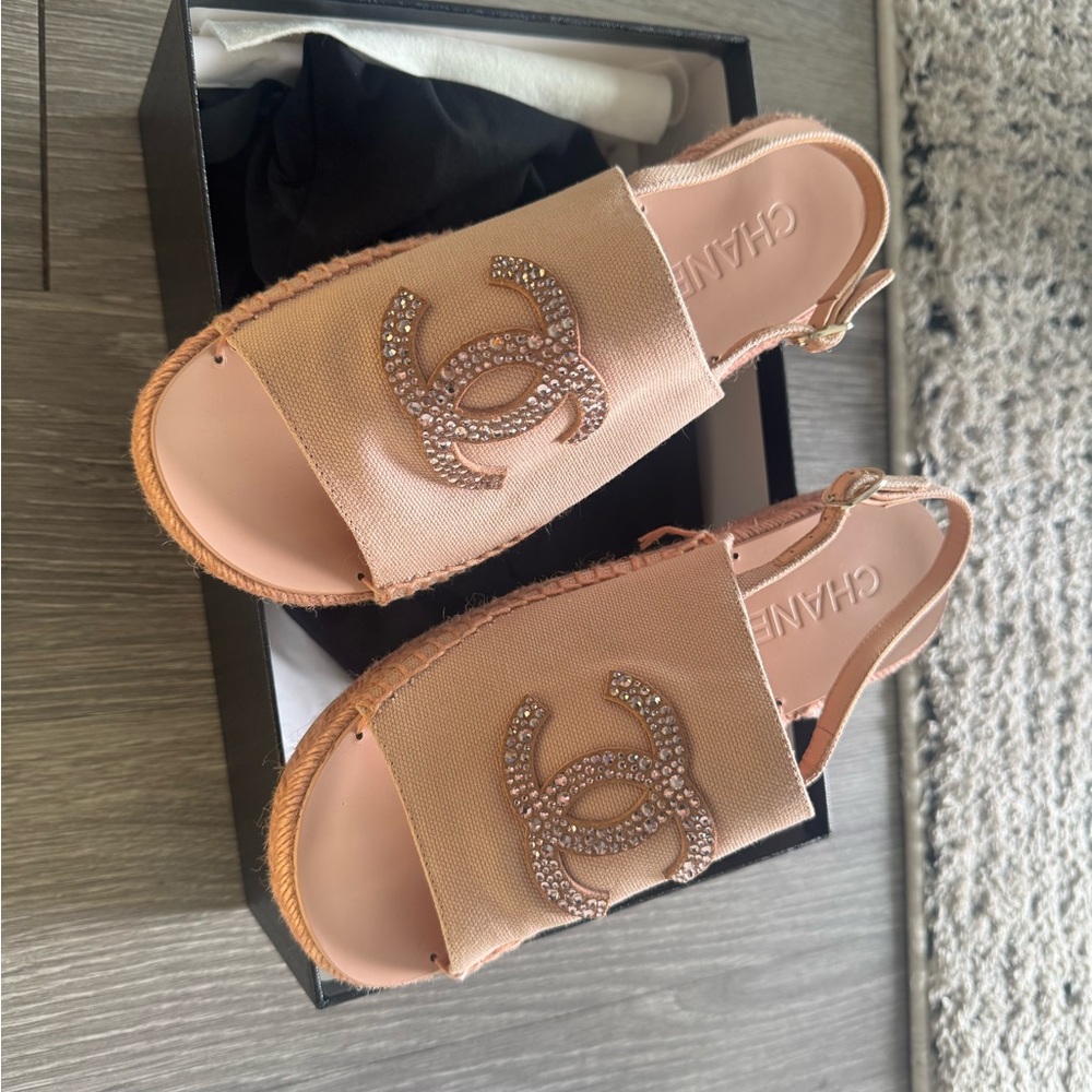 CHANEL Women's Beige Sandals with Crystal Logo
